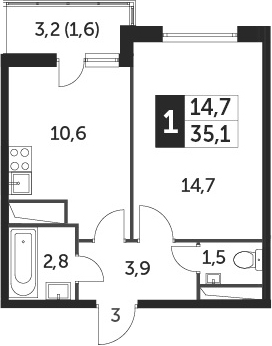 1-комнатная, 35.1 м²– 2