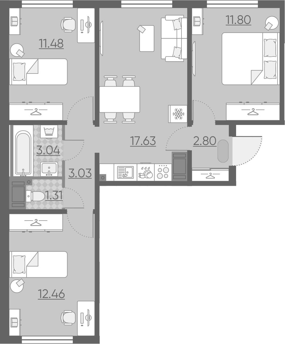 4Е-комнатная, 63.55 м²– 2
