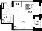 1-комнатная, 42.1 м²– 2