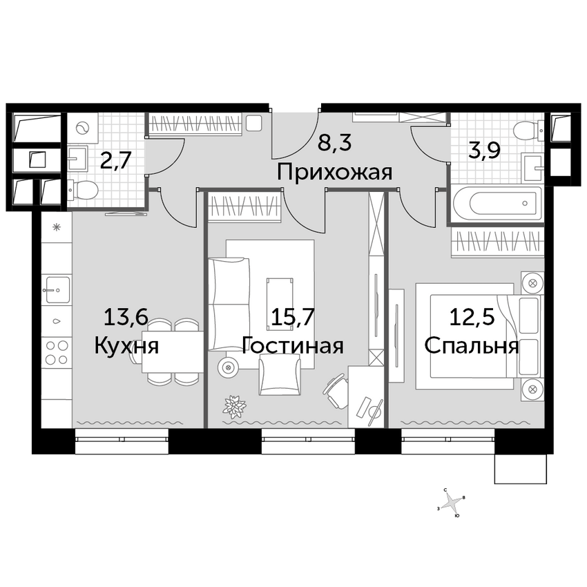 2-комнатная, 56.7 м²– 2