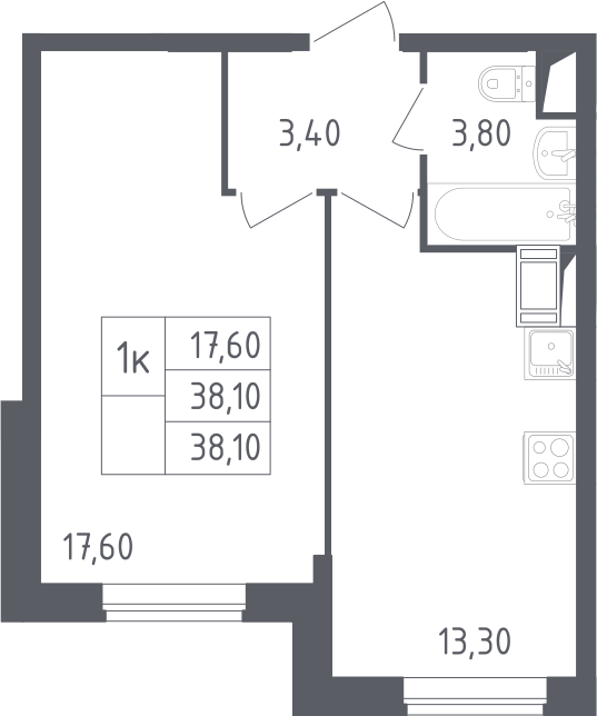 1-комнатная, 38.1 м²– 2