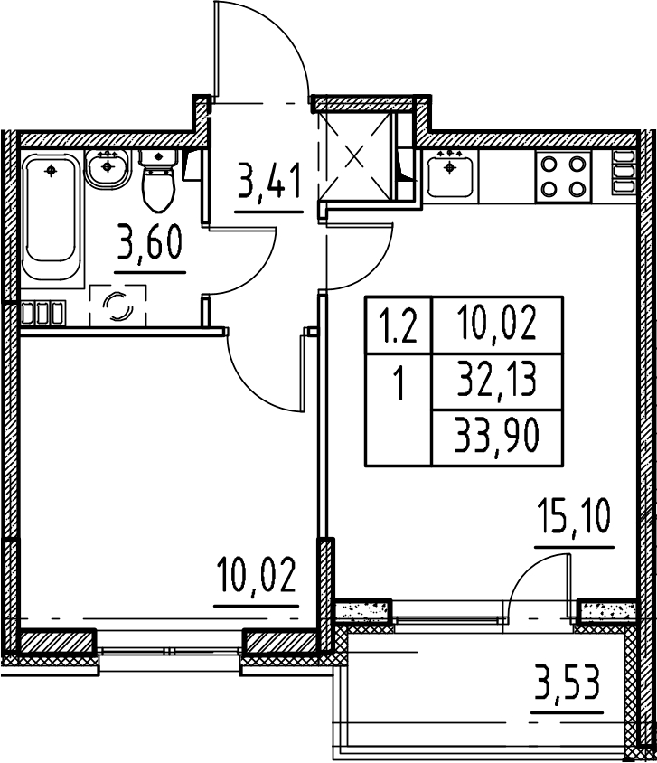 2Е-комнатная, 32.13 м²– 2