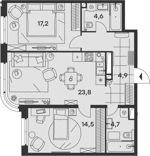3Е-комнатная, 69.7 м²– 2
