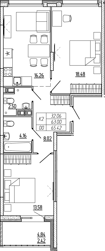 3Е-комнатная, 65.42 м²– 2