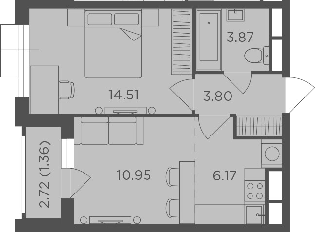 2Е-комнатная, 40.66 м²– 2