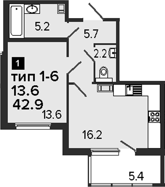 1-комнатная, 42.9 м²– 2