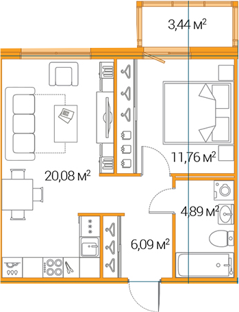 2Е-комнатная, 42.82 м²– 2