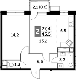 2Е-комнатная, 45.5 м²– 2