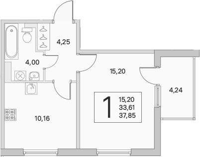 1-комнатная, 33.61 м²– 2