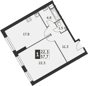 1-комнатная, 57.7 м²– 2