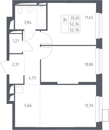 3Е-к.кв, 52.76 м², 2 этаж
