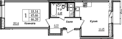 2Е-комнатная, 45.18 м²– 2
