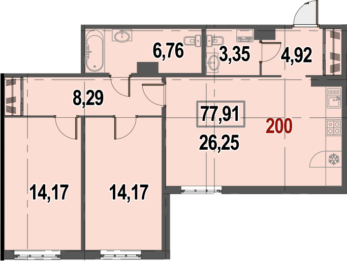 3Е-комнатная, 77.91 м²– 2