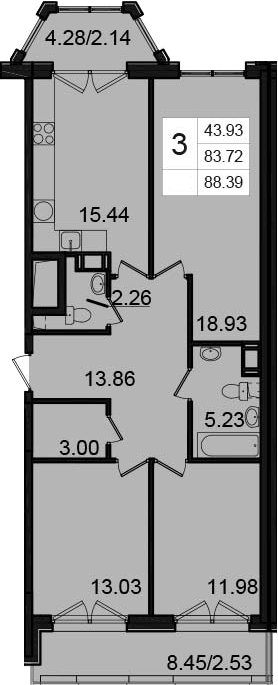 3-комнатная, 88.39 м²– 2