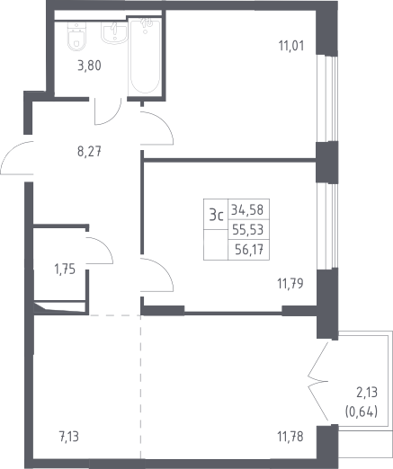 3Е-комнатная, 56.17 м²– 2