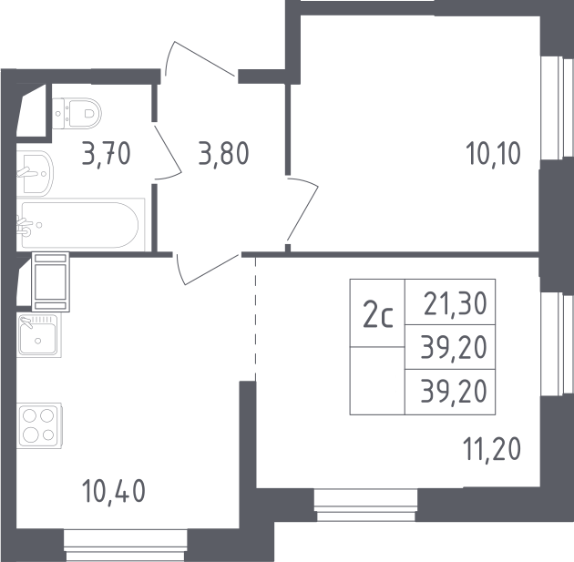 2Е-комнатная, 39.2 м²– 2
