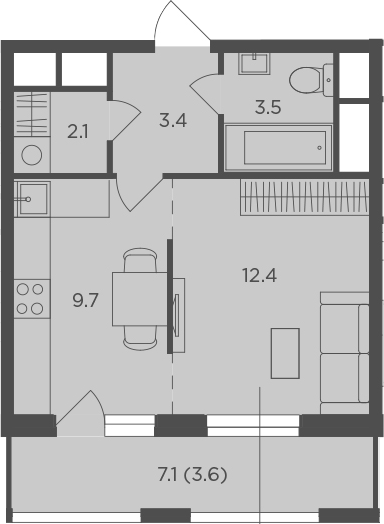 1-комнатная, 34.43 м²– 2