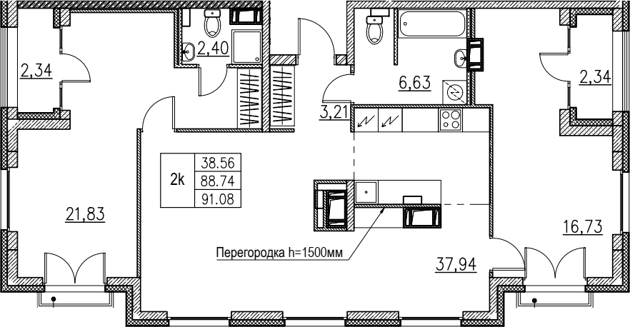 3Е-комнатная, 91.08 м²– 2