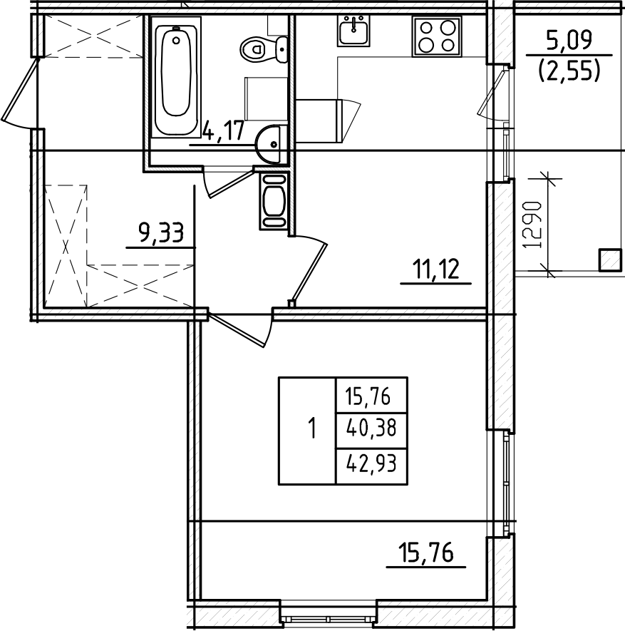 1-комнатная, 42.93 м²– 2