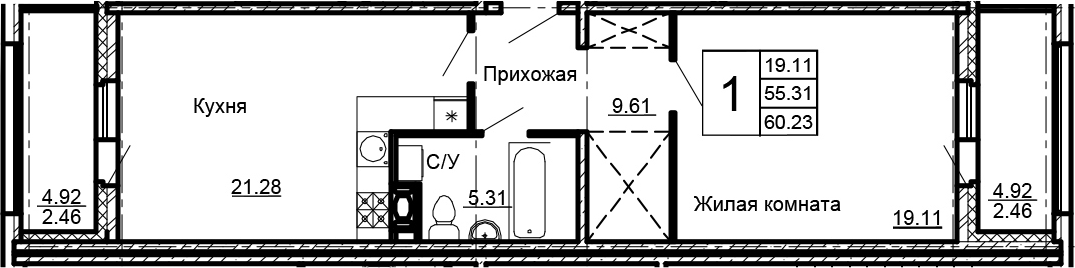 2Е-комнатная, 60.23 м²– 2