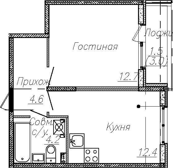 1-комнатная, 33.9 м²– 2