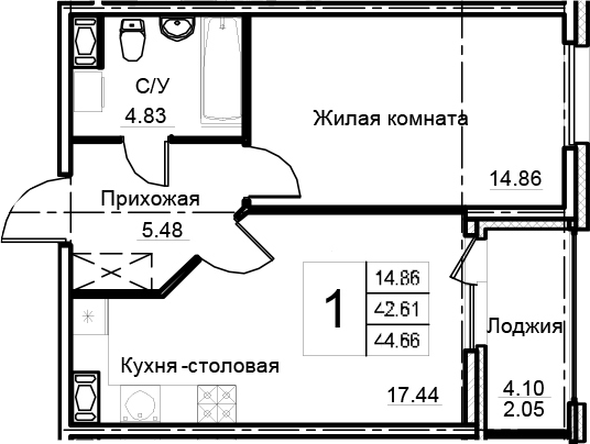 2Е-комнатная, 44.66 м²– 2