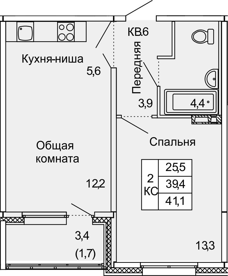 2Е-комнатная, 41.1 м²– 2