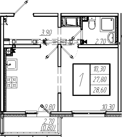 1-комнатная, 28.6 м²– 2