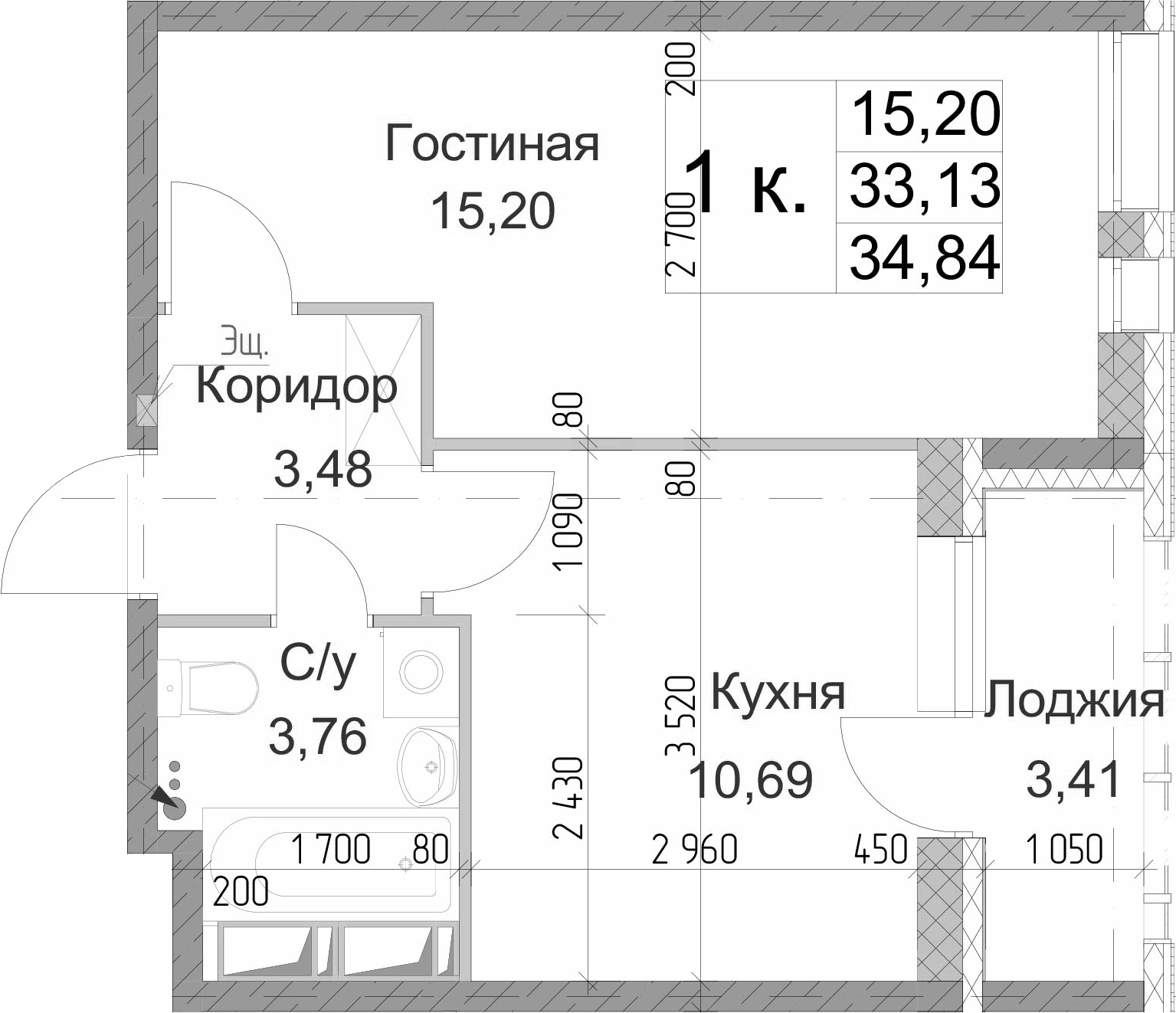 1-комнатная, 34.84 м²– 2