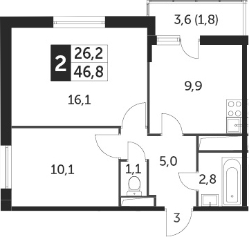 2-комнатная, 46.7 м²– 2