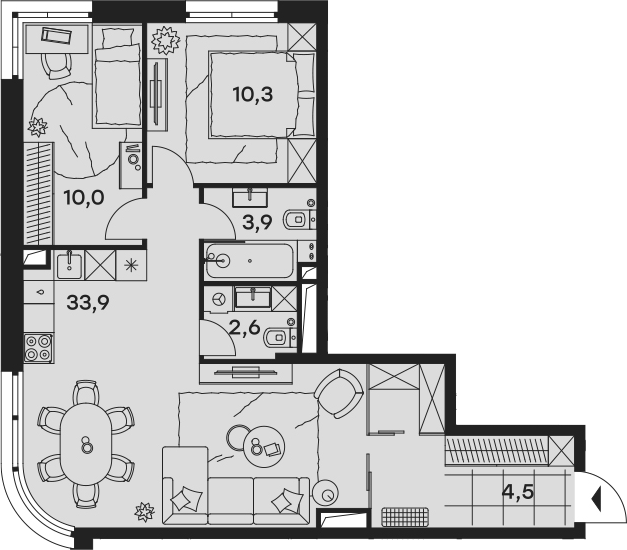 3Е-комнатная, 65.2 м²– 2