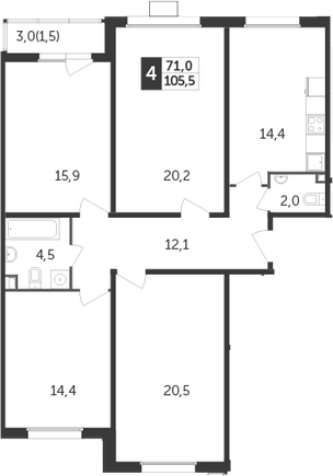 4-комнатная, 105.5 м²– 2
