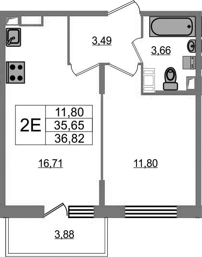 2Е-комнатная, 36.82 м²– 2