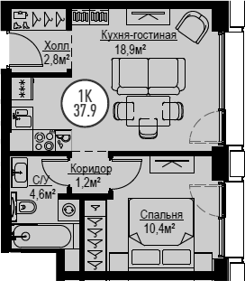 2Е-комнатная, 37.9 м²– 2