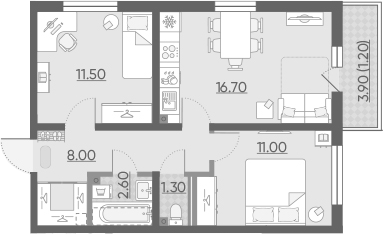 3Е-комнатная, 52.3 м²– 2