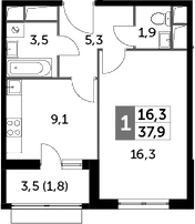 1-комнатная, 37.9 м²– 2