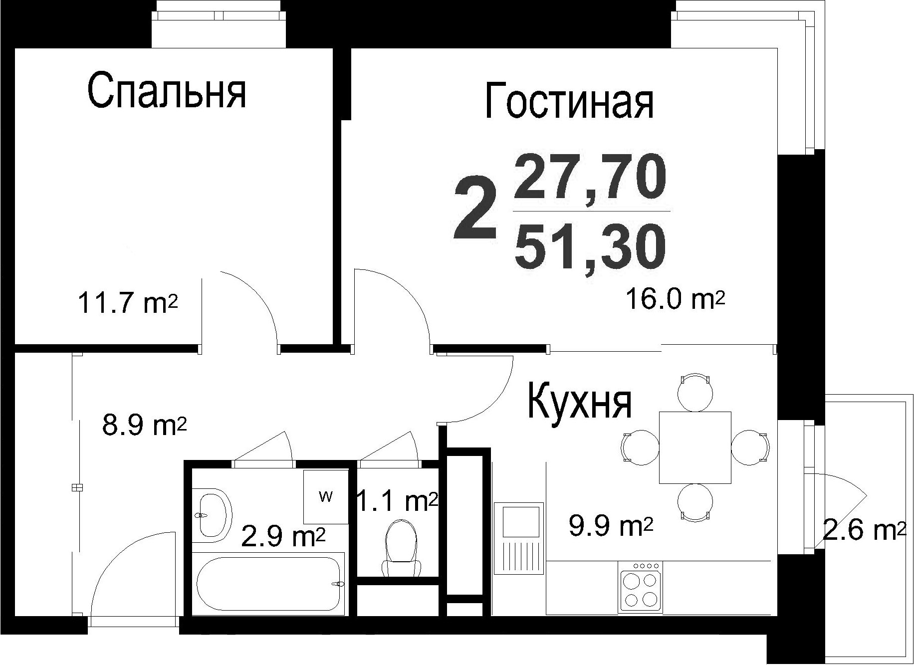 2-к.кв, 51.3 м²