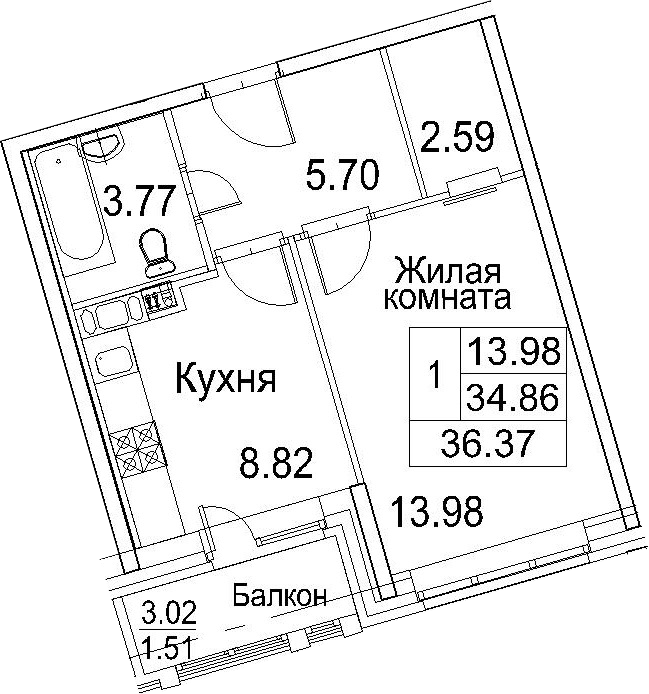 1-к.кв, 36.37 м²