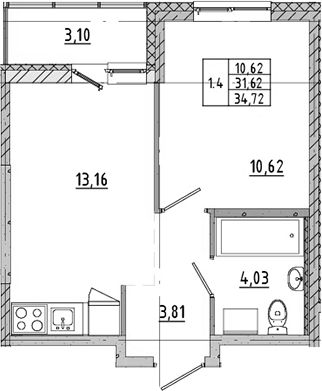 2Е-комнатная, 31.62 м²– 2