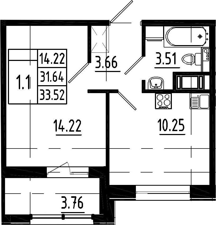1-комнатная, 31.64 м²– 2