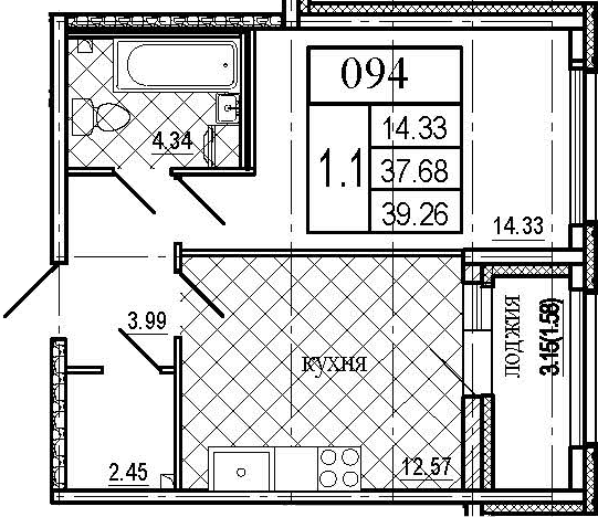 1-комнатная, 39.26 м²– 2