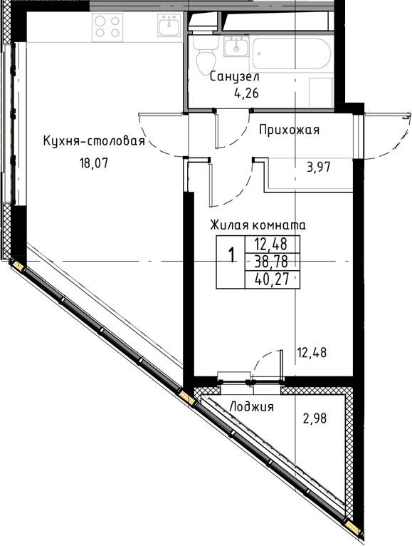 2Е-к.кв, 40.27 м², 6 этаж