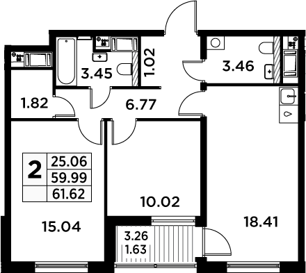 3Е-комнатная, 61.62 м²– 2