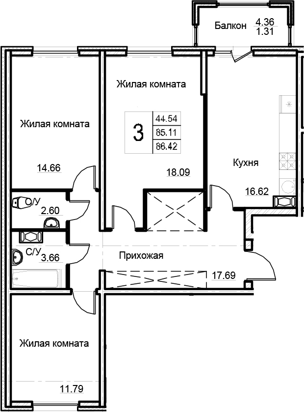 3-комнатная, 86.42 м²– 2