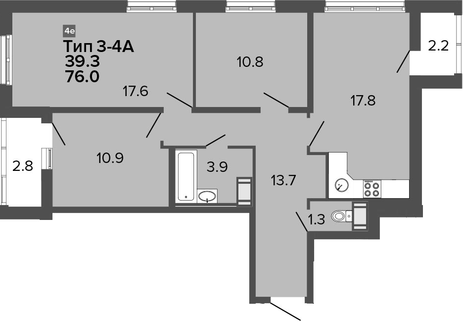 4Е-комнатная, 76 м²– 2