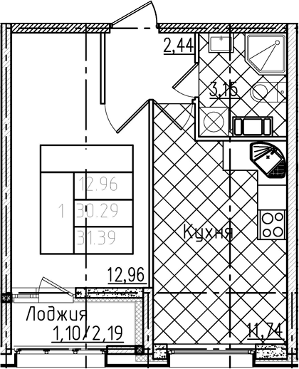 1-комнатная, 31.39 м²– 2