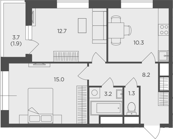 2-комнатная, 52.6 м²– 2