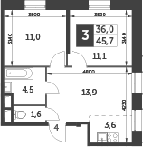 3Е-комнатная, 45.7 м²– 2