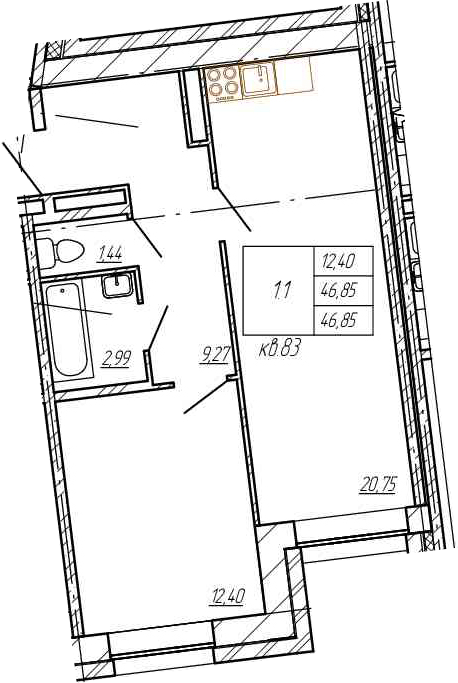 2Е-комнатная, 46.85 м²– 2