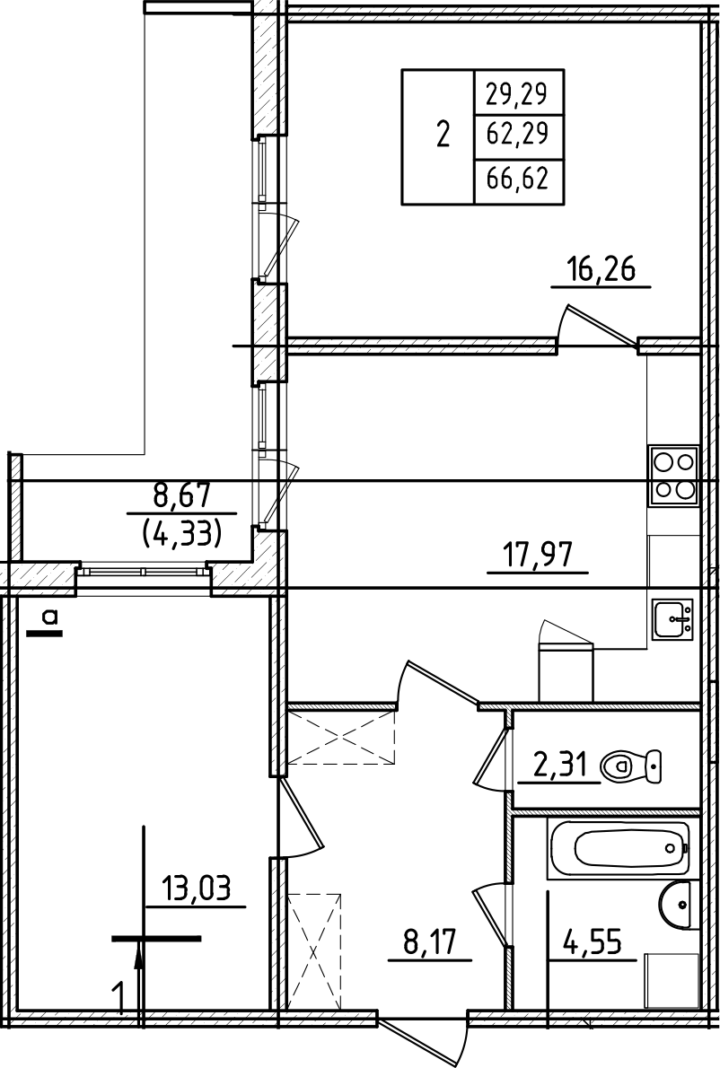 3Е-комнатная, 66.62 м²– 2